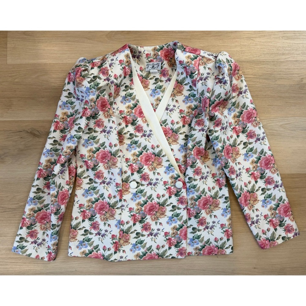 Vintage 90s White Pink Floral Double Breasted Blazer w/ Shoulder Pads Size 14